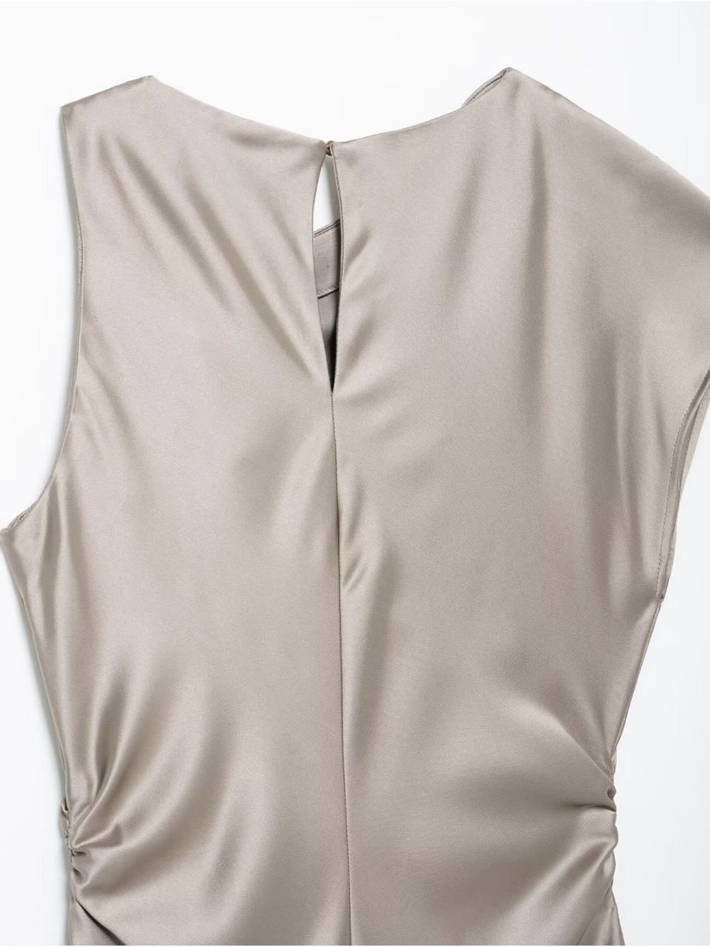 Silk-Blend Taupe Midi Dress with Gathered Detail - Picture 2 of 5